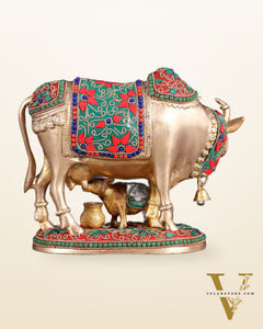 Pure Brass Kamdhenu Cow with Calf Idol – 8" floral stonework