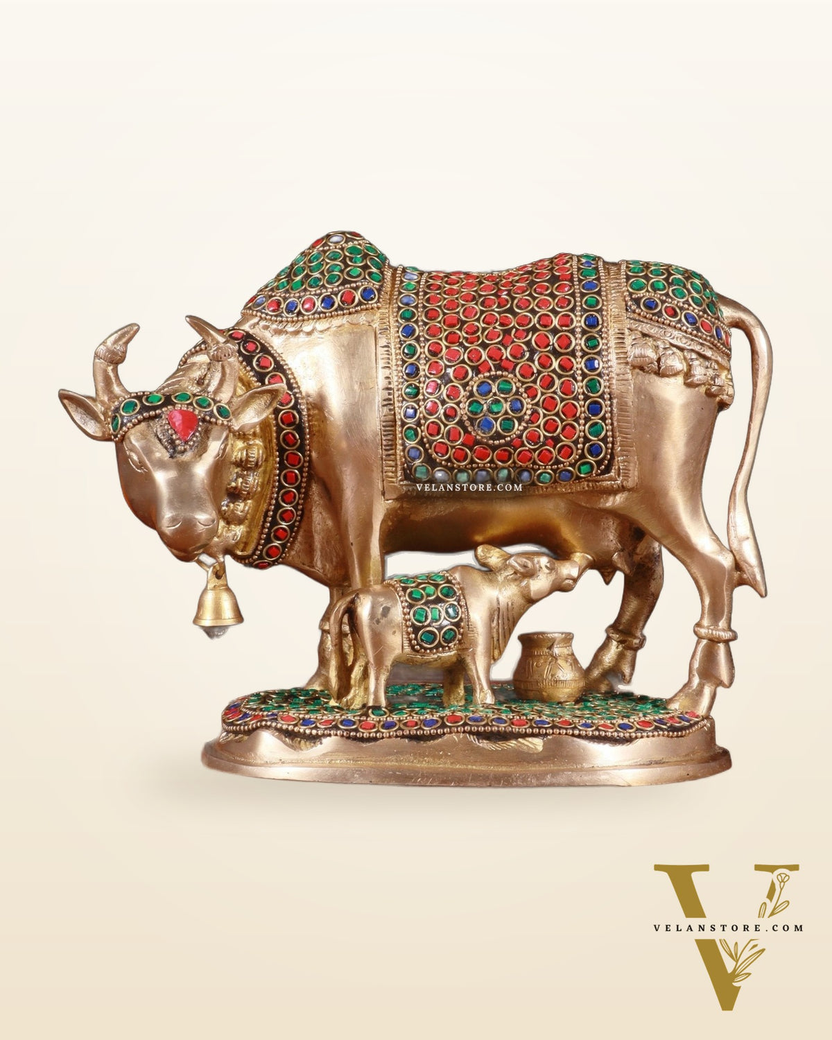 Pure Brass Kamdhenu Cow with Calf Idol – 8 inch with stonework