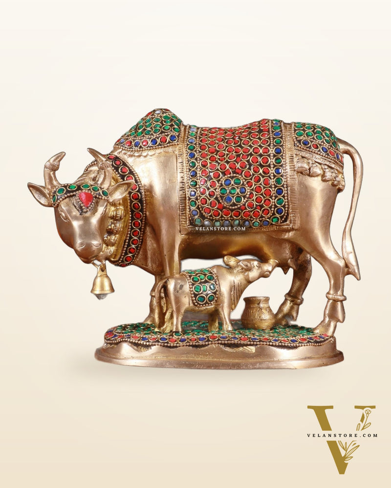 Pure Brass Kamdhenu Cow with Calf Idol – 8 inch with stonework