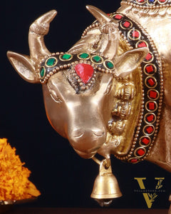 Pure Brass Kamdhenu Cow with Calf Idol – 8 inch with stonework