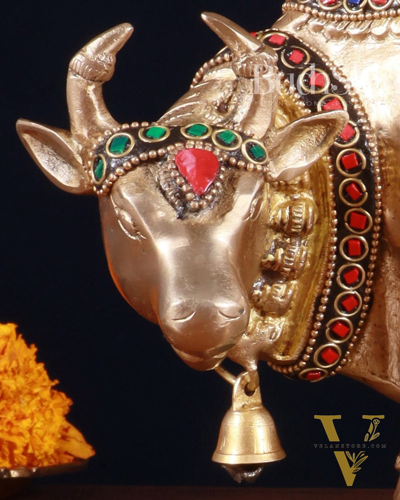 Pure Brass Kamdhenu Cow with Calf Idol – 8 inch with stonework
