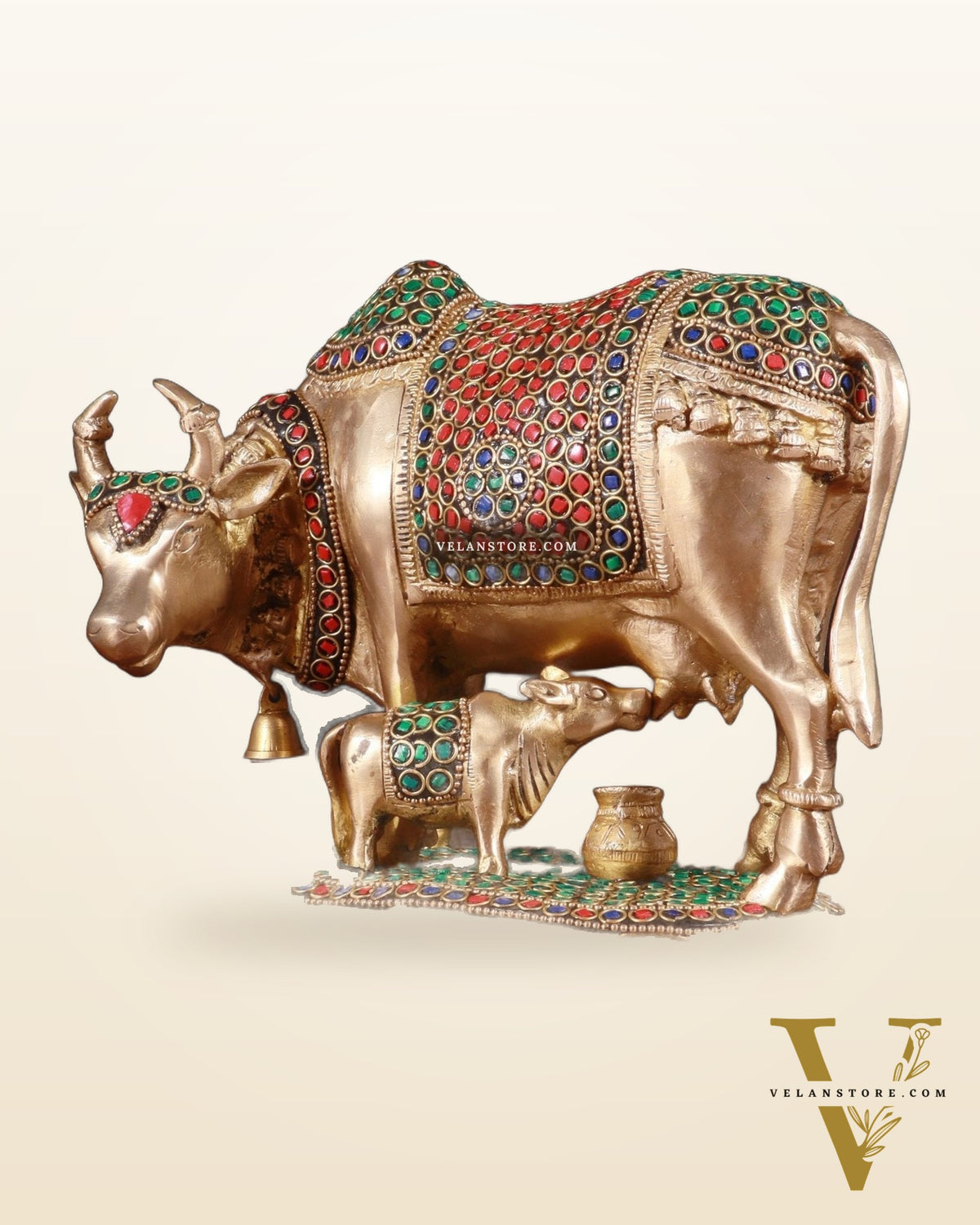 Pure Brass Kamdhenu Cow with Calf Idol – 8 inch with stonework