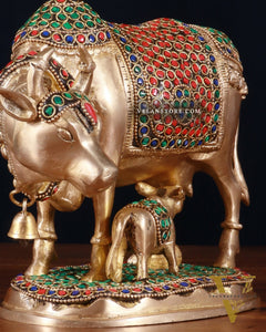 Pure Brass Kamdhenu Cow with Calf Idol – 8 inch with stonework