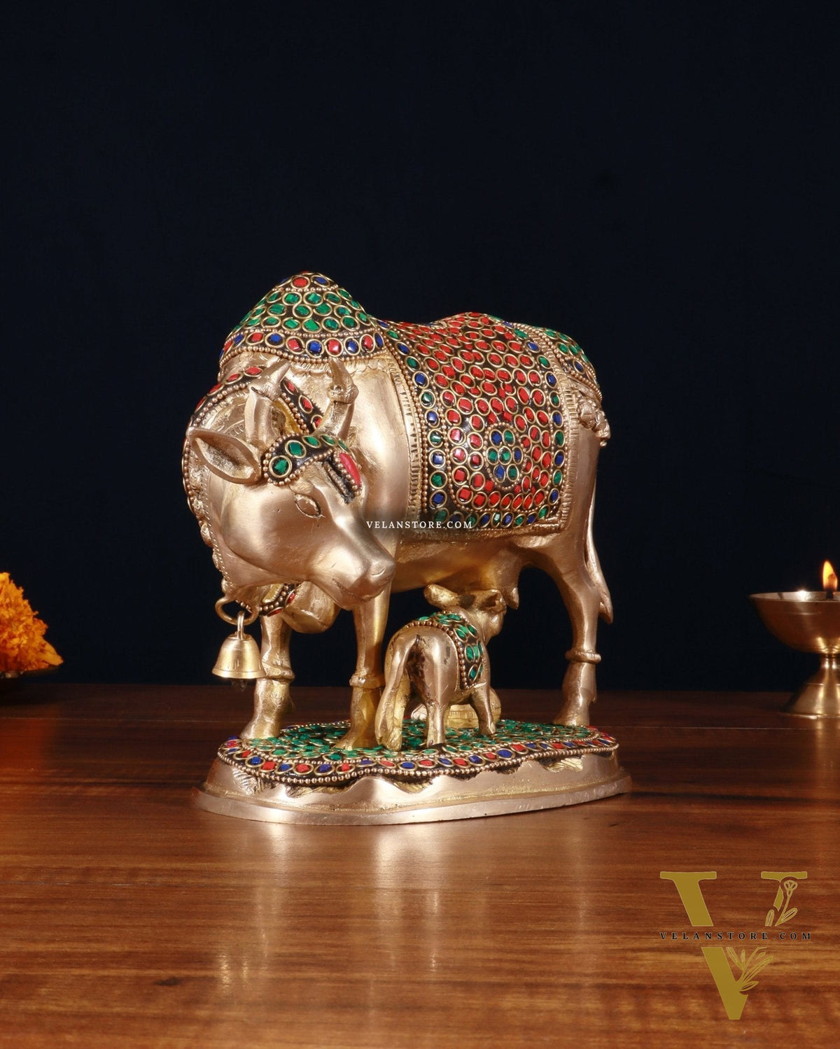 Pure Brass Kamdhenu Cow with Calf Idol – 8 inch with stonework
