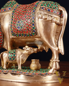 Pure Brass Kamdhenu Cow with Calf Idol – 8 inch with stonework