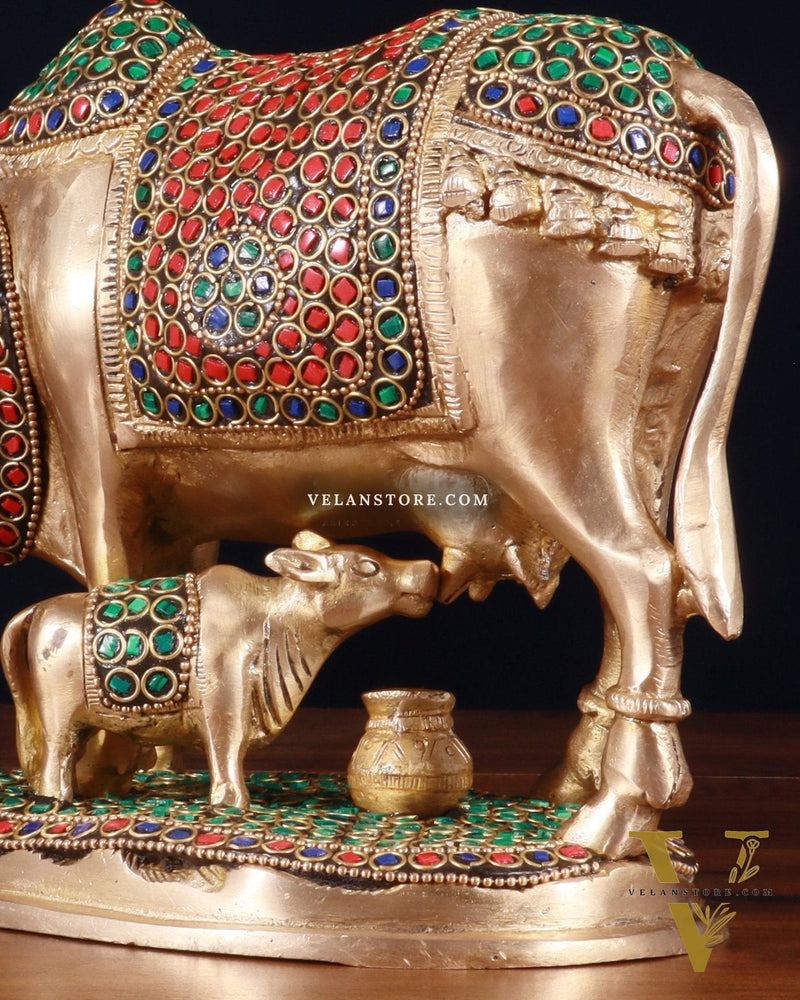 Pure Brass Kamdhenu Cow with Calf Idol – 8 inch with stonework