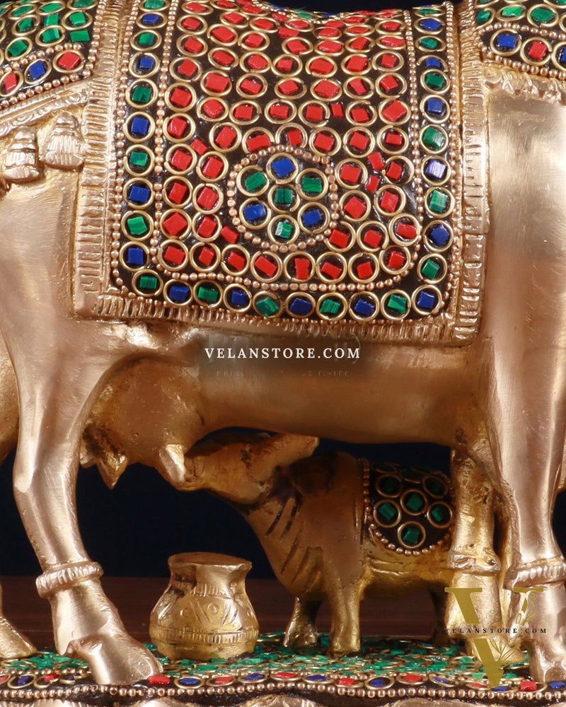 Pure Brass Kamdhenu Cow with Calf Idol – 8 inch with stonework