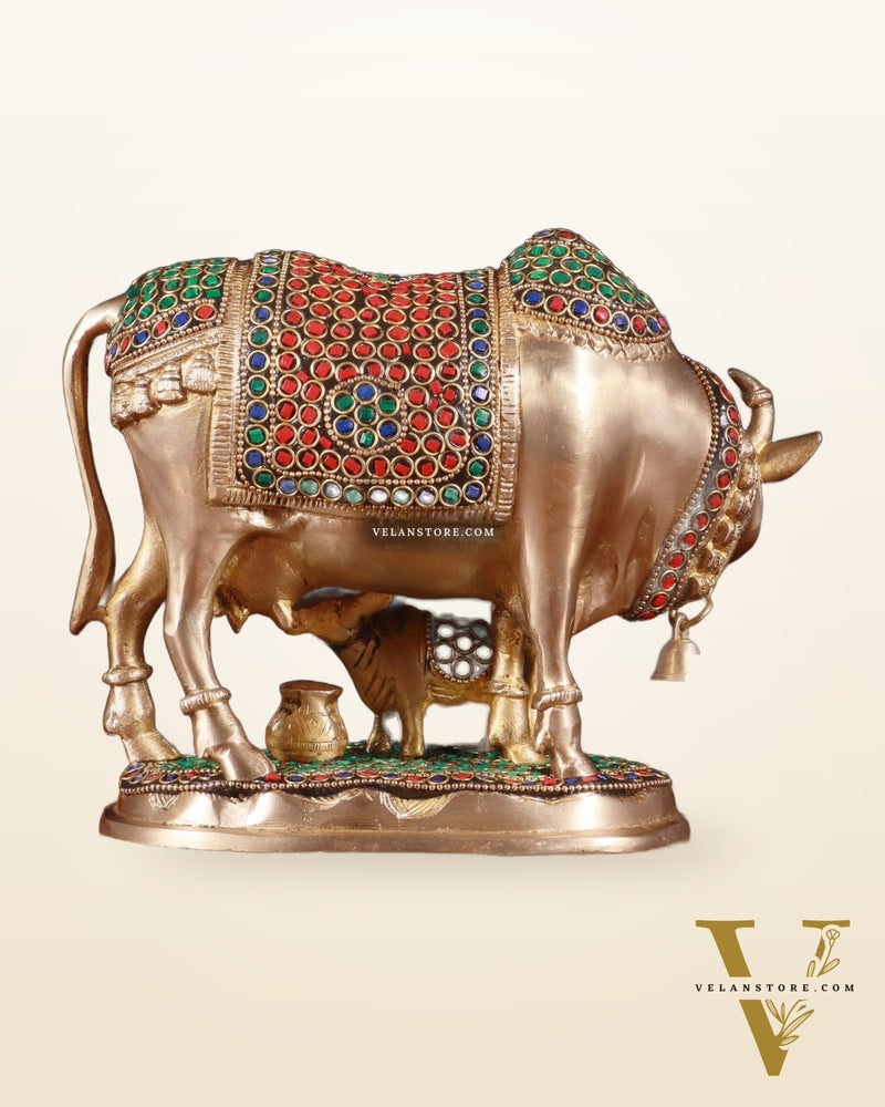 Pure Brass Kamdhenu Cow with Calf Idol – 8 inch with stonework