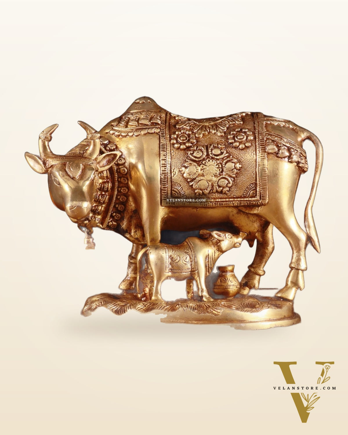 Pure Brass Kamdhenu Cow with Calf Idol – 8 x 4 x 7 Inches, 3.2 Kg