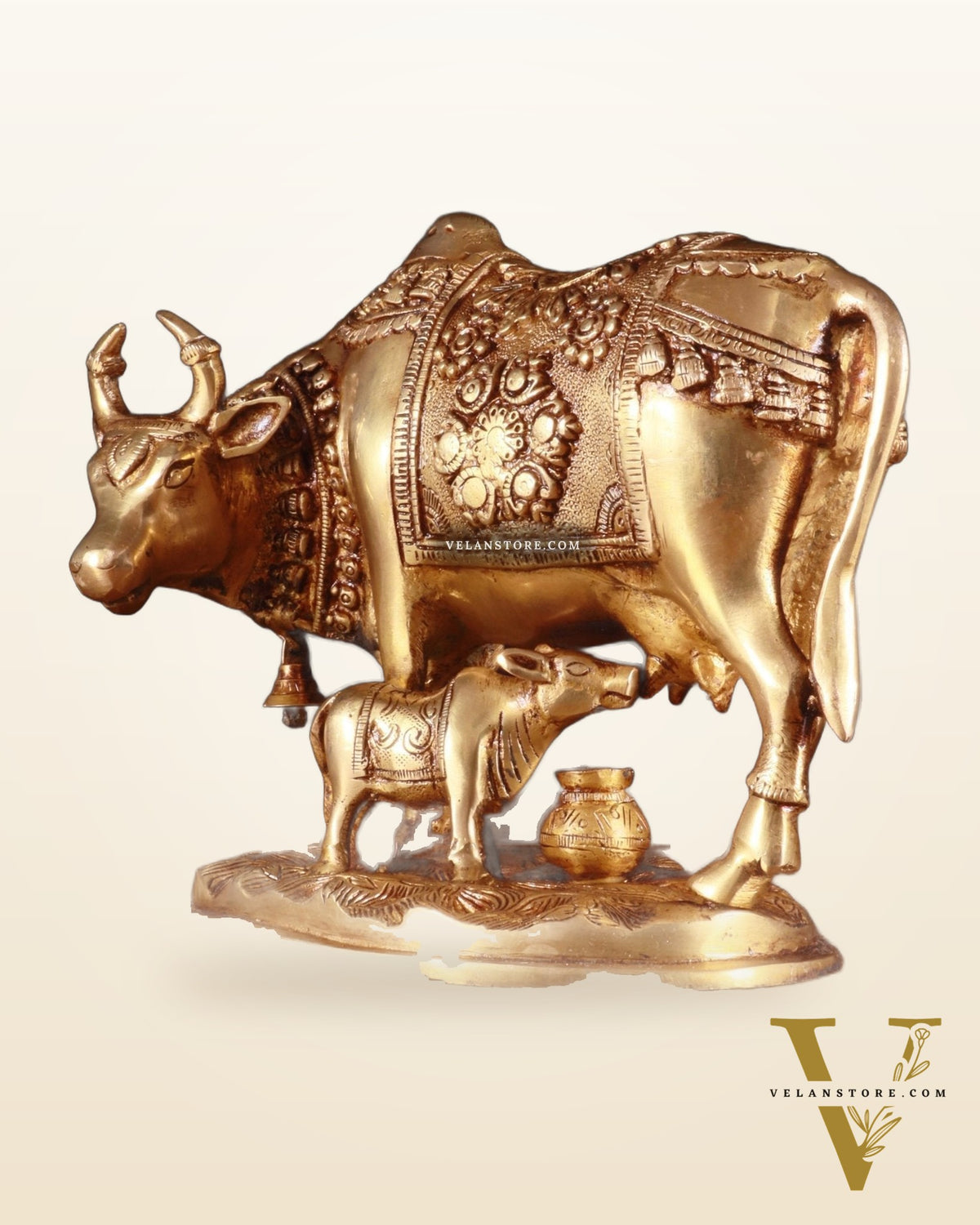 Pure Brass Kamdhenu Cow with Calf Idol – 8 x 4 x 7 Inches, 3.2 Kg