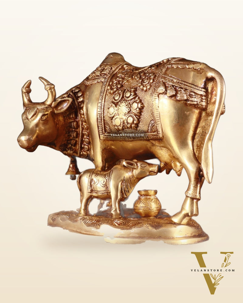 Pure Brass Kamdhenu Cow with Calf Idol – 8 x 4 x 7 Inches, 3.2 Kg