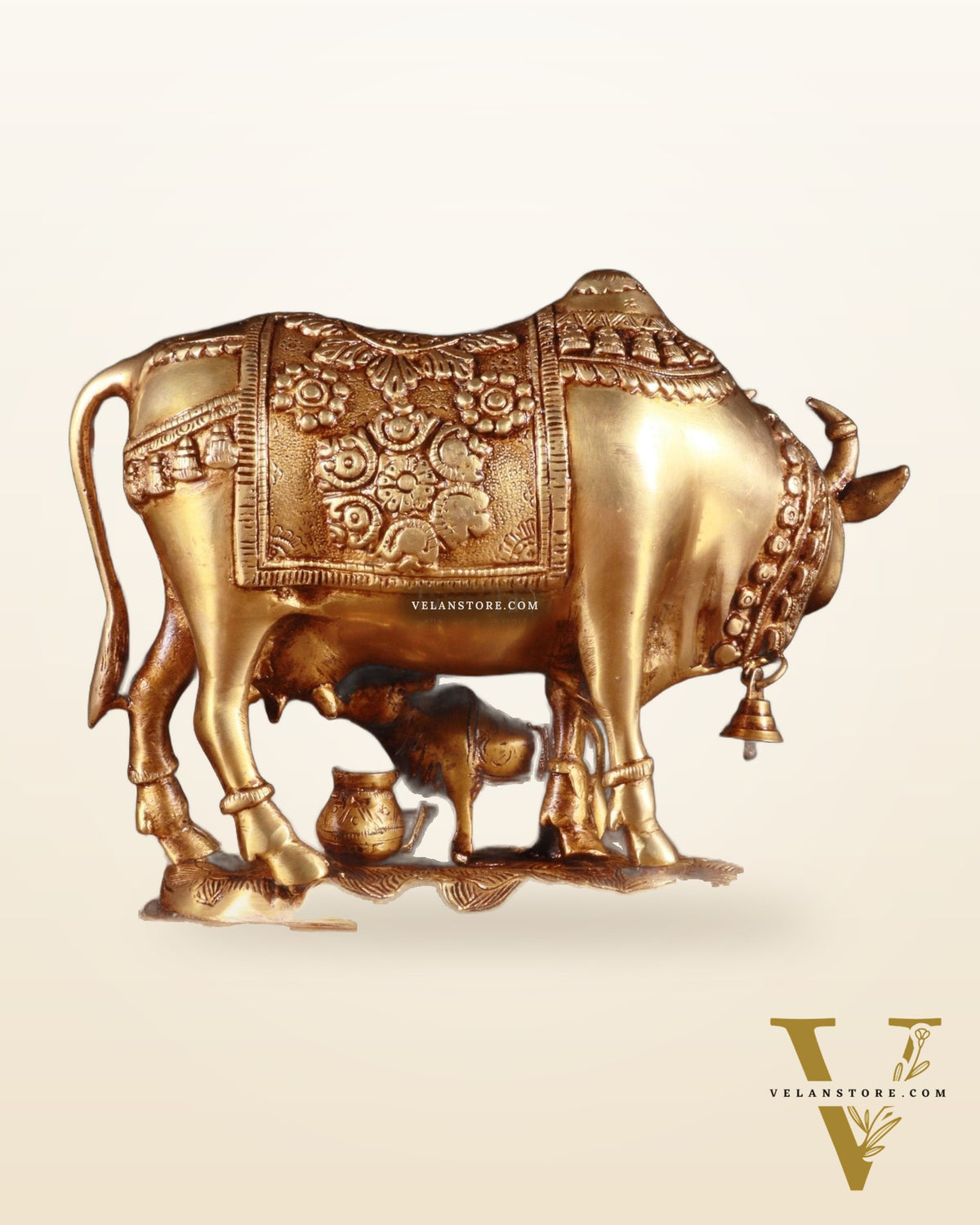 Pure Brass Kamdhenu Cow with Calf Idol – 8 x 4 x 7 Inches, 3.2 Kg