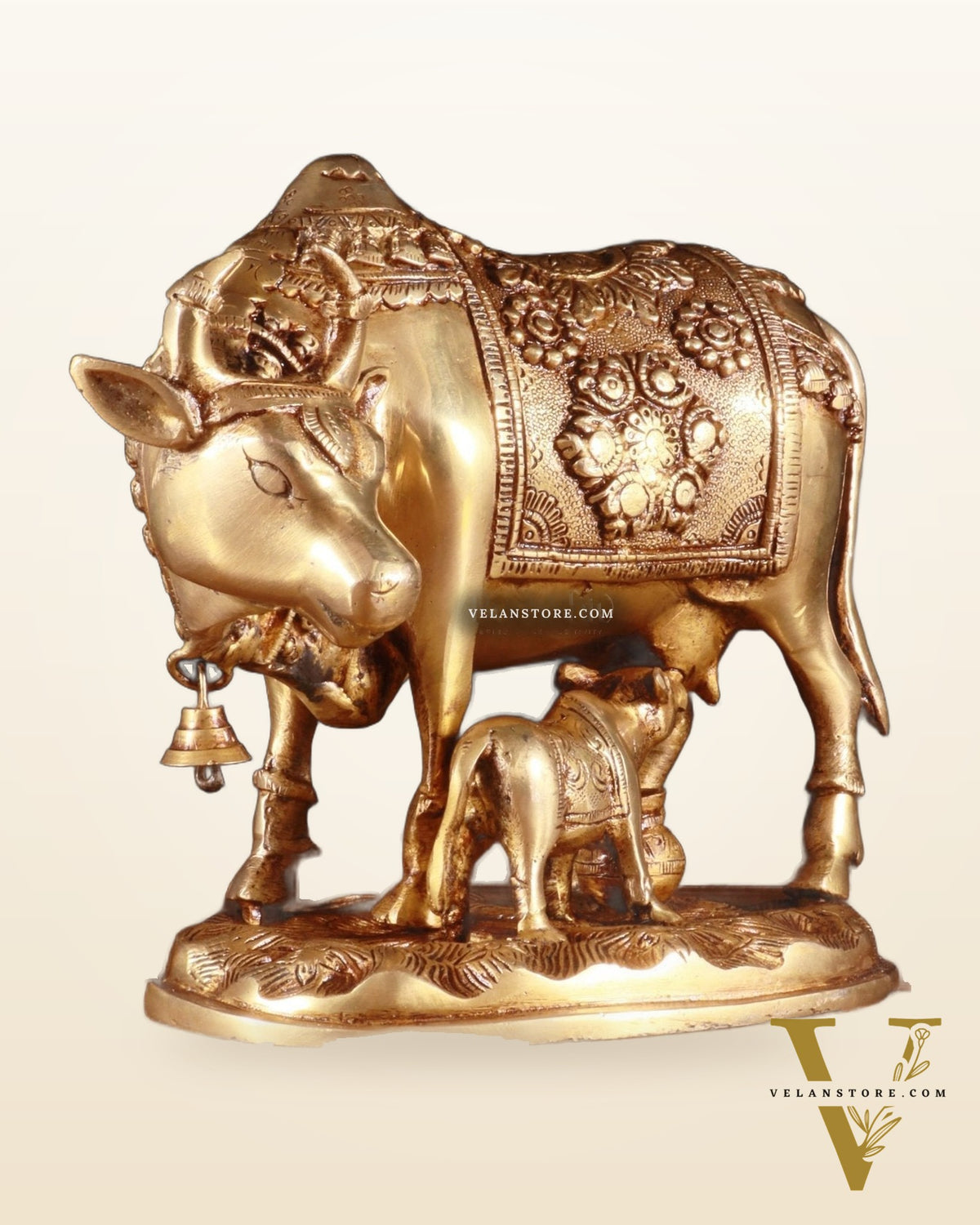Pure Brass Kamdhenu Cow with Calf Idol – 8 x 4 x 7 Inches, 3.2 Kg