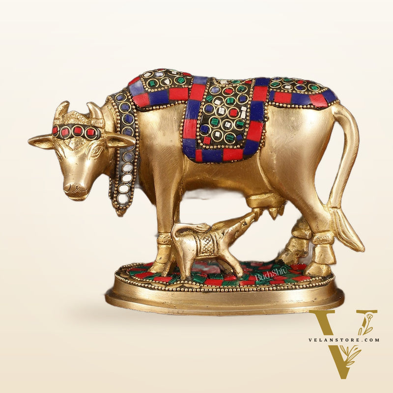 Pure Brass Kamdhenu Cow with Calf Idol - Meenakari Stonework, 4.5 Inch Height,