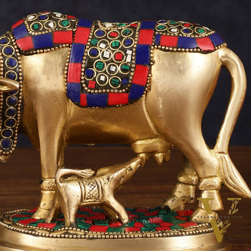 Pure Brass Kamdhenu Cow with Calf Idol - Meenakari Stonework, 4.5 Inch Height,