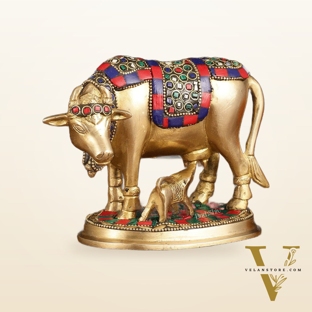 Pure Brass Kamdhenu Cow with Calf Idol - Meenakari Stonework, 4.5 Inch Height,