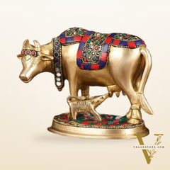Pure Brass Kamdhenu Cow with Calf Idol - Meenakari Stonework, 4.5 Inch Height,