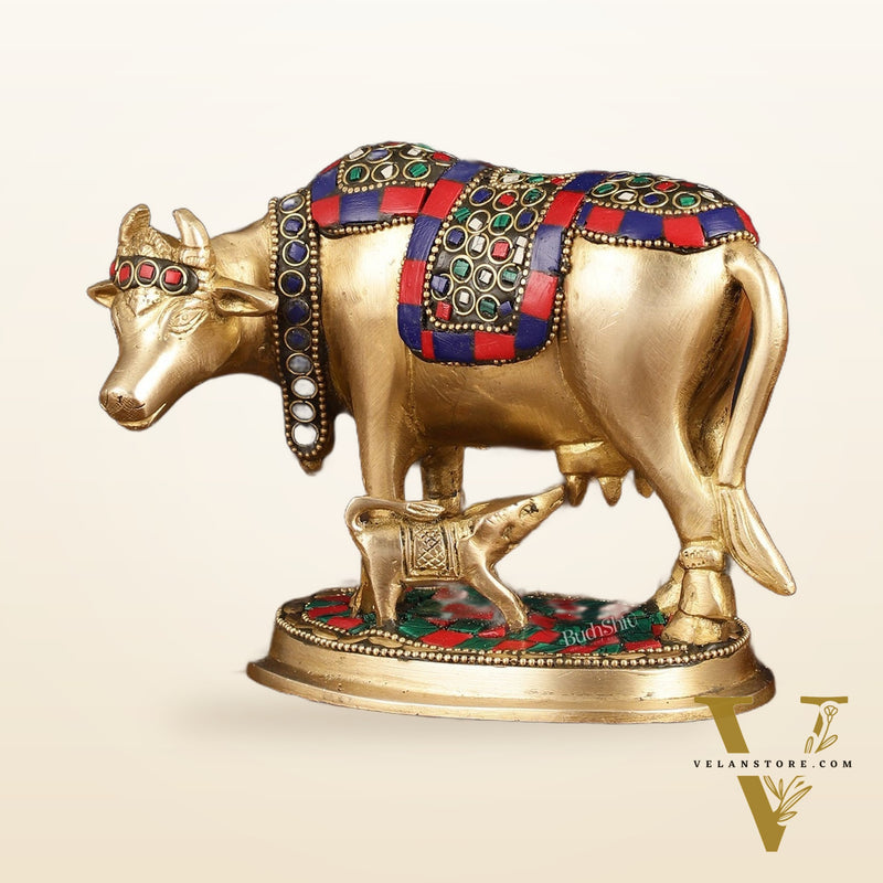Pure Brass Kamdhenu Cow with Calf Idol - Meenakari Stonework, 4.5 Inch Height,