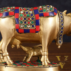 Pure Brass Kamdhenu Cow with Calf Idol - Meenakari Stonework, 4.5 Inch Height,