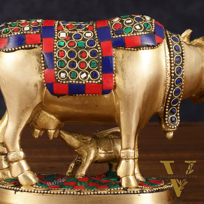 Pure Brass Kamdhenu Cow with Calf Idol - Meenakari Stonework, 4.5 Inch Height,