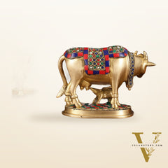 Pure Brass Kamdhenu Cow with Calf Idol - Meenakari Stonework, 4.5 Inch Height,