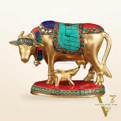 Pure Brass Kamdhenu Cow with Calf Idol with Stonework small