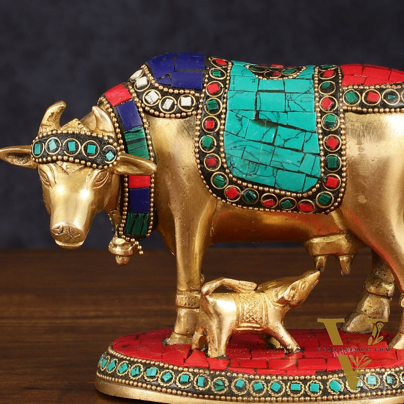 Pure Brass Kamdhenu Cow with Calf Idol with Stonework small