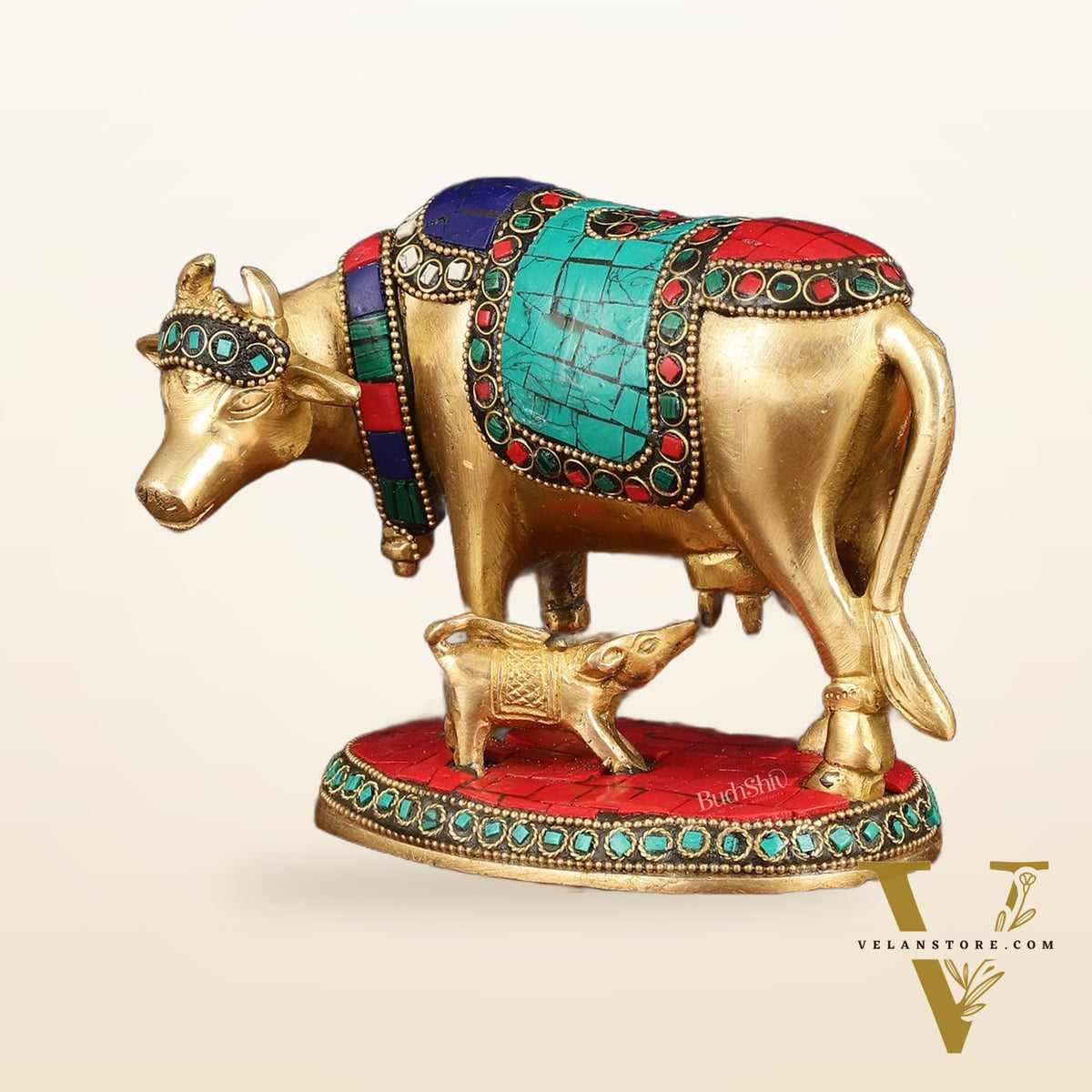 Pure Brass Kamdhenu Cow with Calf Idol with Stonework small