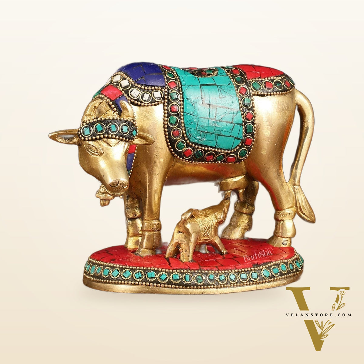 Pure Brass Kamdhenu Cow with Calf Idol with Stonework small
