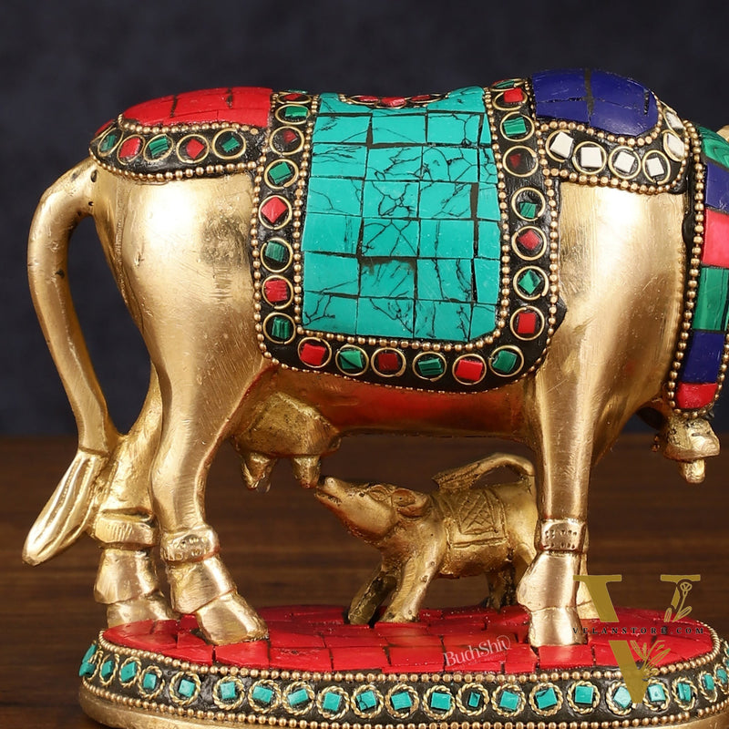Pure Brass Kamdhenu Cow with Calf Idol with Stonework small
