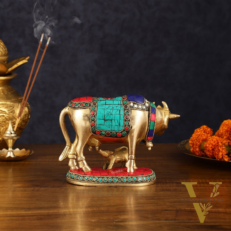 Pure Brass Kamdhenu Cow with Calf Idol with Stonework small
