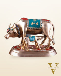 Pure Brass Kamdhenu Cow with Calf Statue - Meenakari Stonework, 8"