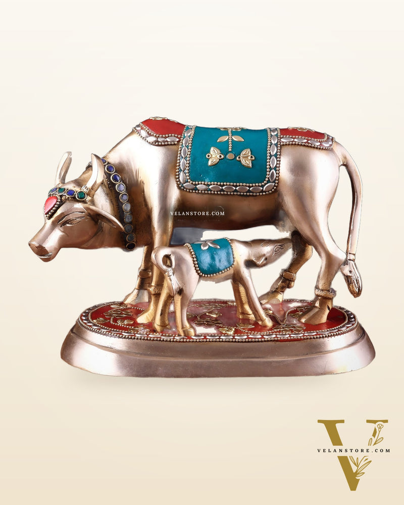 Pure Brass Kamdhenu Cow with Calf Statue - Meenakari Stonework, 8"