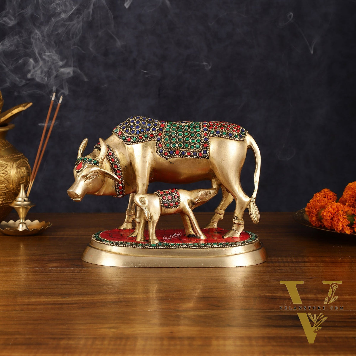 Pure Brass Kamdhenu Cow with Calf Statue - Meenakari Stonework, 8"