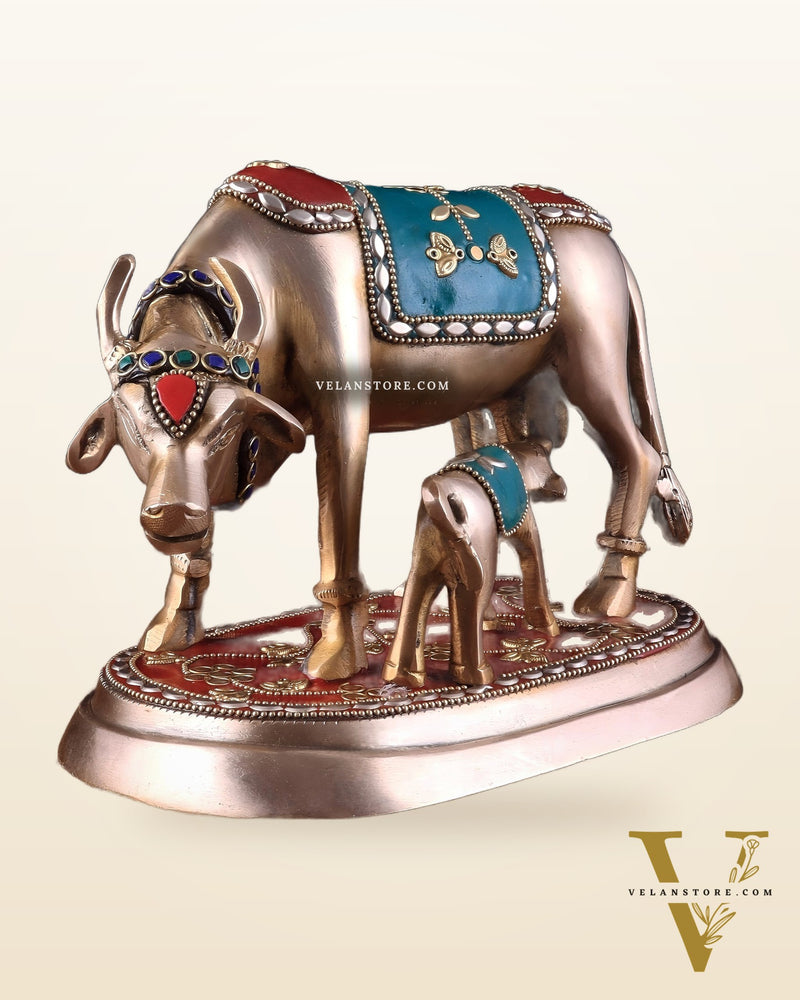 Pure Brass Kamdhenu Cow with Calf Statue - Meenakari Stonework, 8"