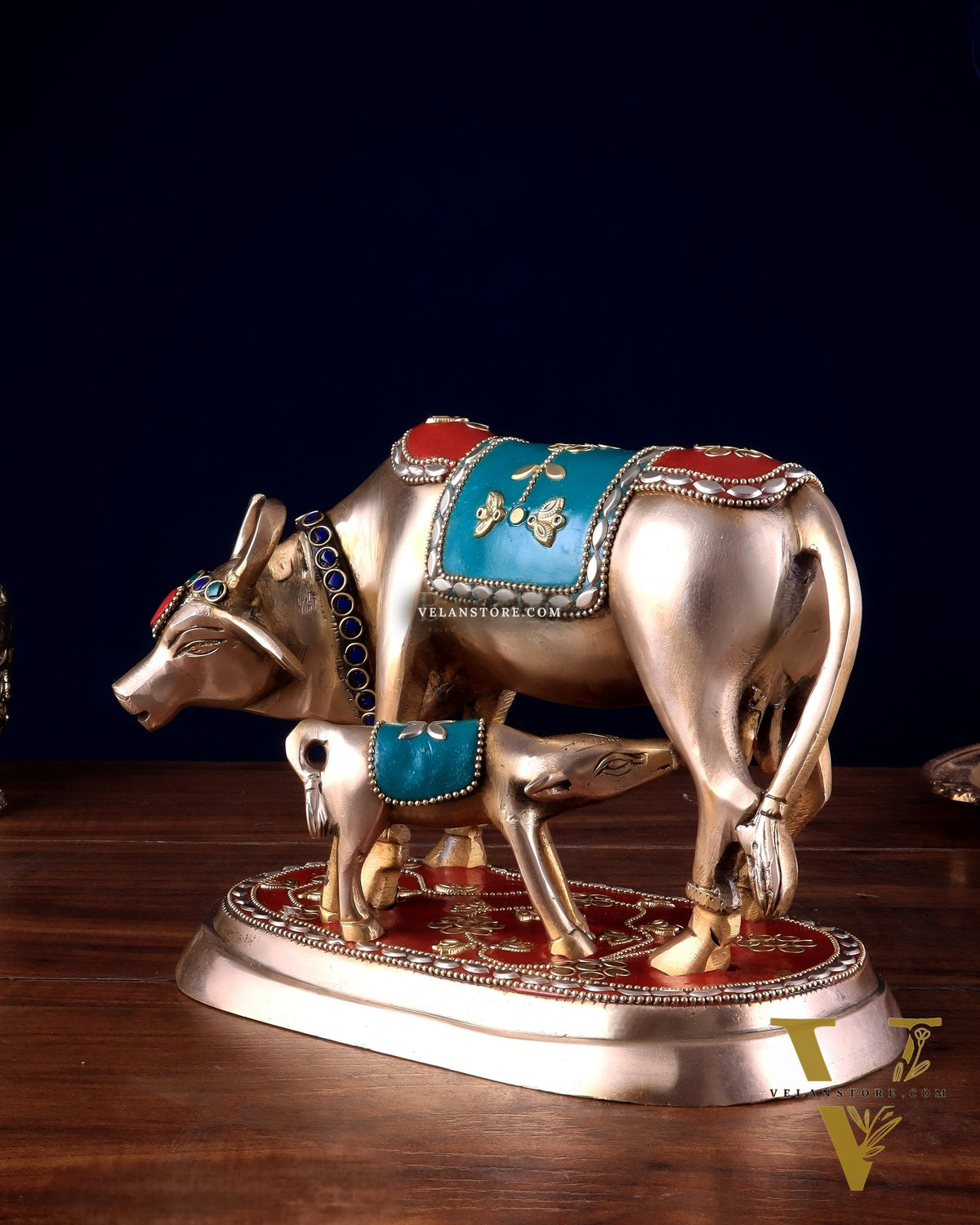 Pure Brass Kamdhenu Cow with Calf Statue - Meenakari Stonework, 8"