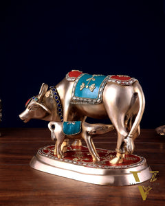 Pure Brass Kamdhenu Cow with Calf Statue - Meenakari Stonework, 8"