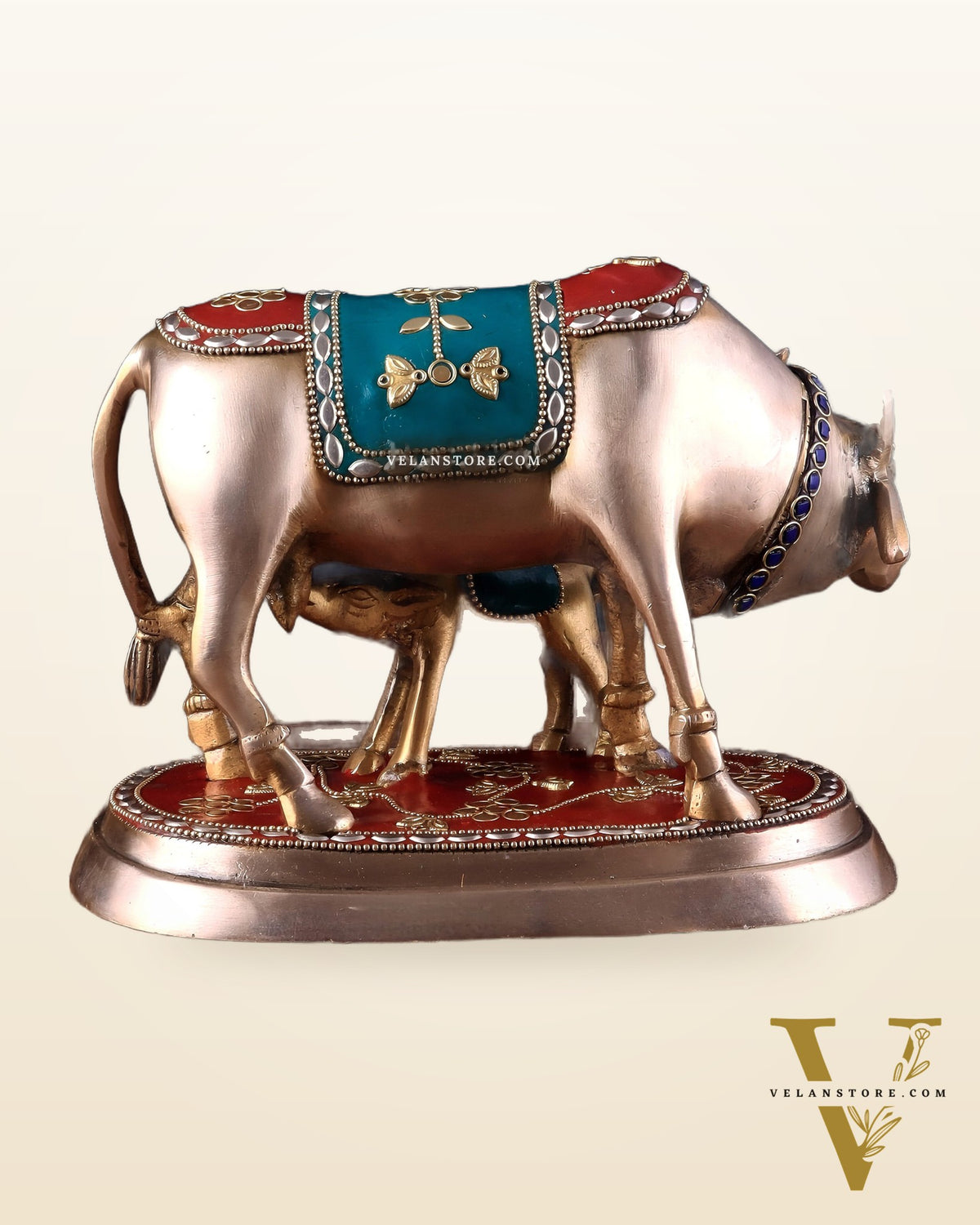 Pure Brass Kamdhenu Cow with Calf Statue - Meenakari Stonework, 8"