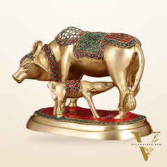 Pure Brass Kamdhenu Cow with Calf Statue - Meenakari Stonework, 8"