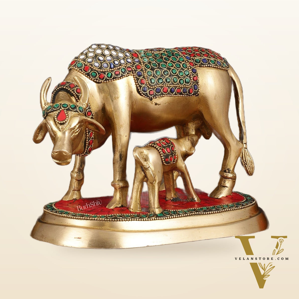 Pure Brass Kamdhenu Cow with Calf Statue - Meenakari Stonework, 8"