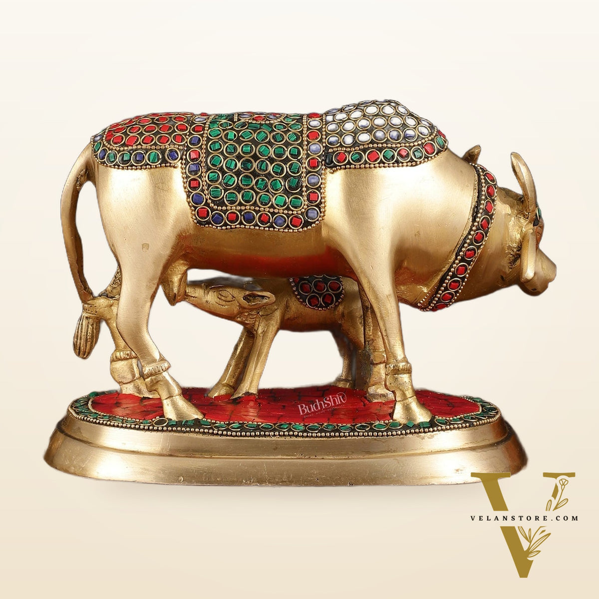 Pure Brass Kamdhenu Cow with Calf Statue - Meenakari Stonework, 8"