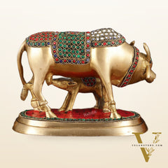 Pure Brass Kamdhenu Cow with Calf Statue - Meenakari Stonework, 8"