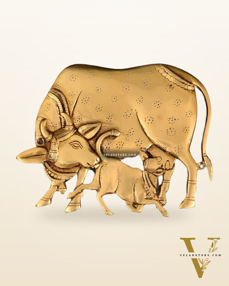 Pure Brass Kamdhenu Cow with Calf Wall Hanging – Superfine Carvings 7.5"