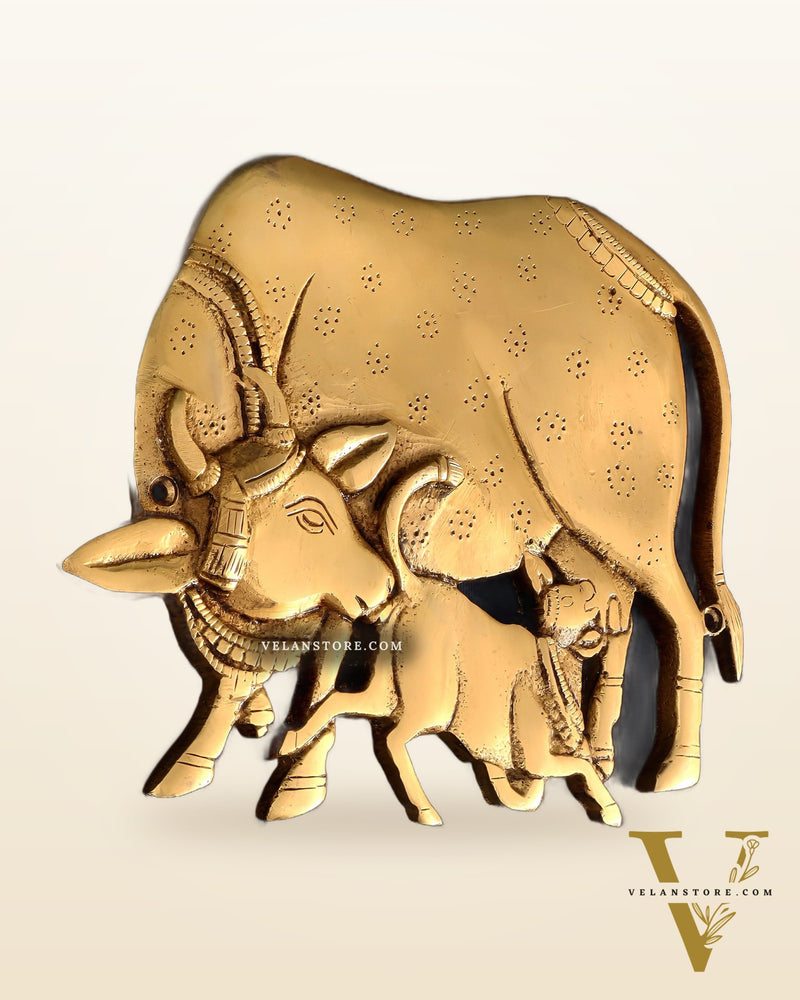 Pure Brass Kamdhenu Cow with Calf Wall Hanging – Superfine Carvings 7.5"