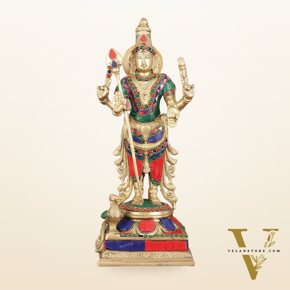 Pure Brass Kartikeya Murugan Swamy Statue with Stonework - 14"