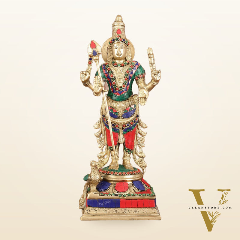 Pure Brass Kartikeya Murugan Swamy Statue with Stonework - 14"