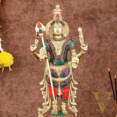 Pure Brass Kartikeya Murugan Swamy Statue with Stonework - 14"