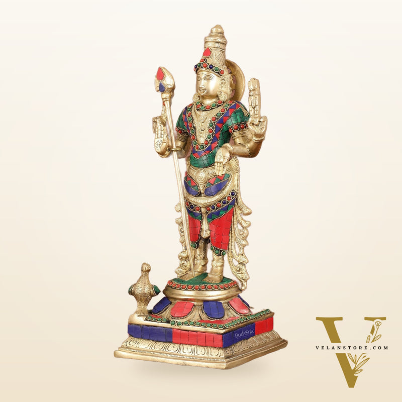 Pure Brass Kartikeya Murugan Swamy Statue with Stonework - 14"