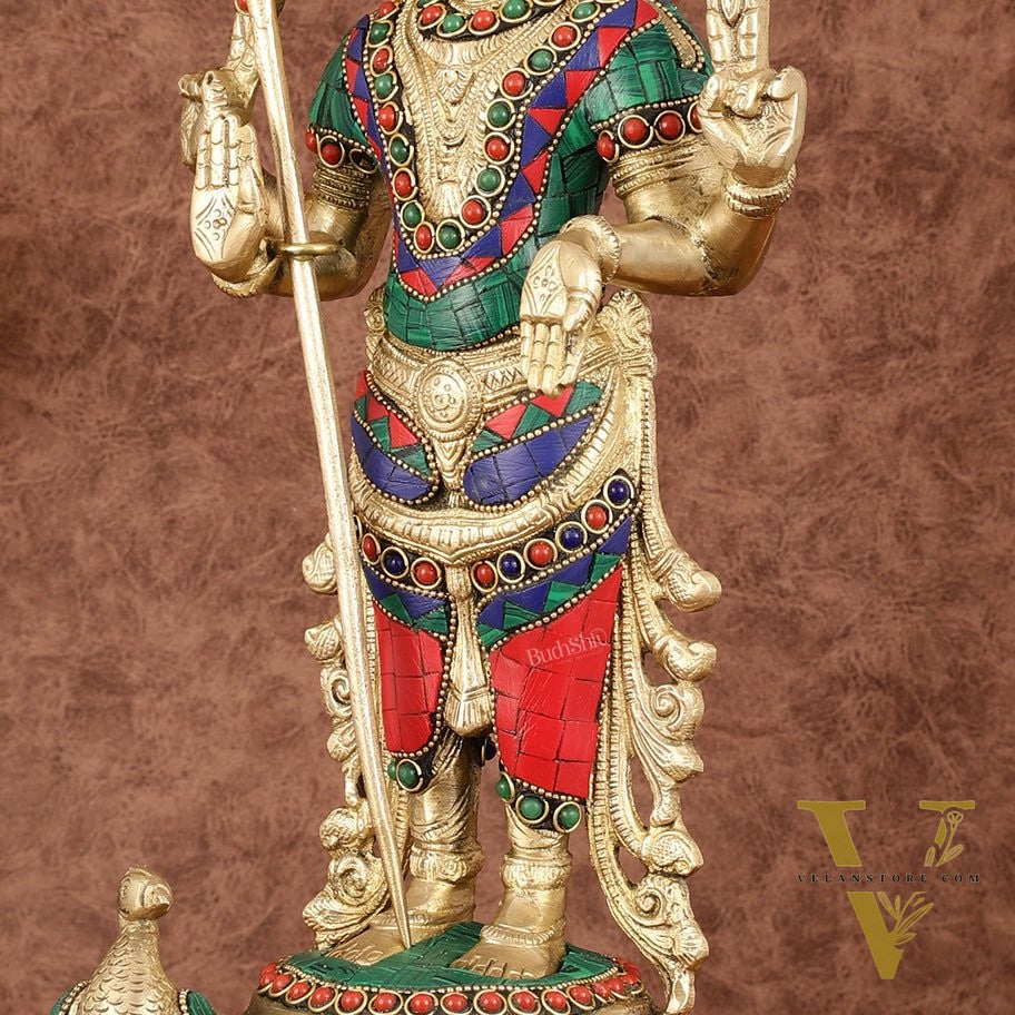 Pure Brass Kartikeya Murugan Swamy Statue with Stonework - 14"