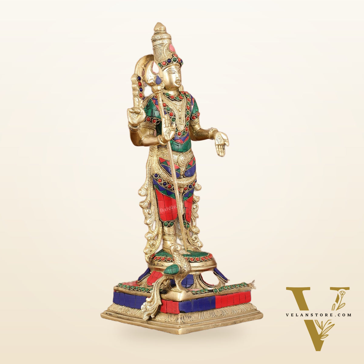 Pure Brass Kartikeya Murugan Swamy Statue with Stonework - 14"